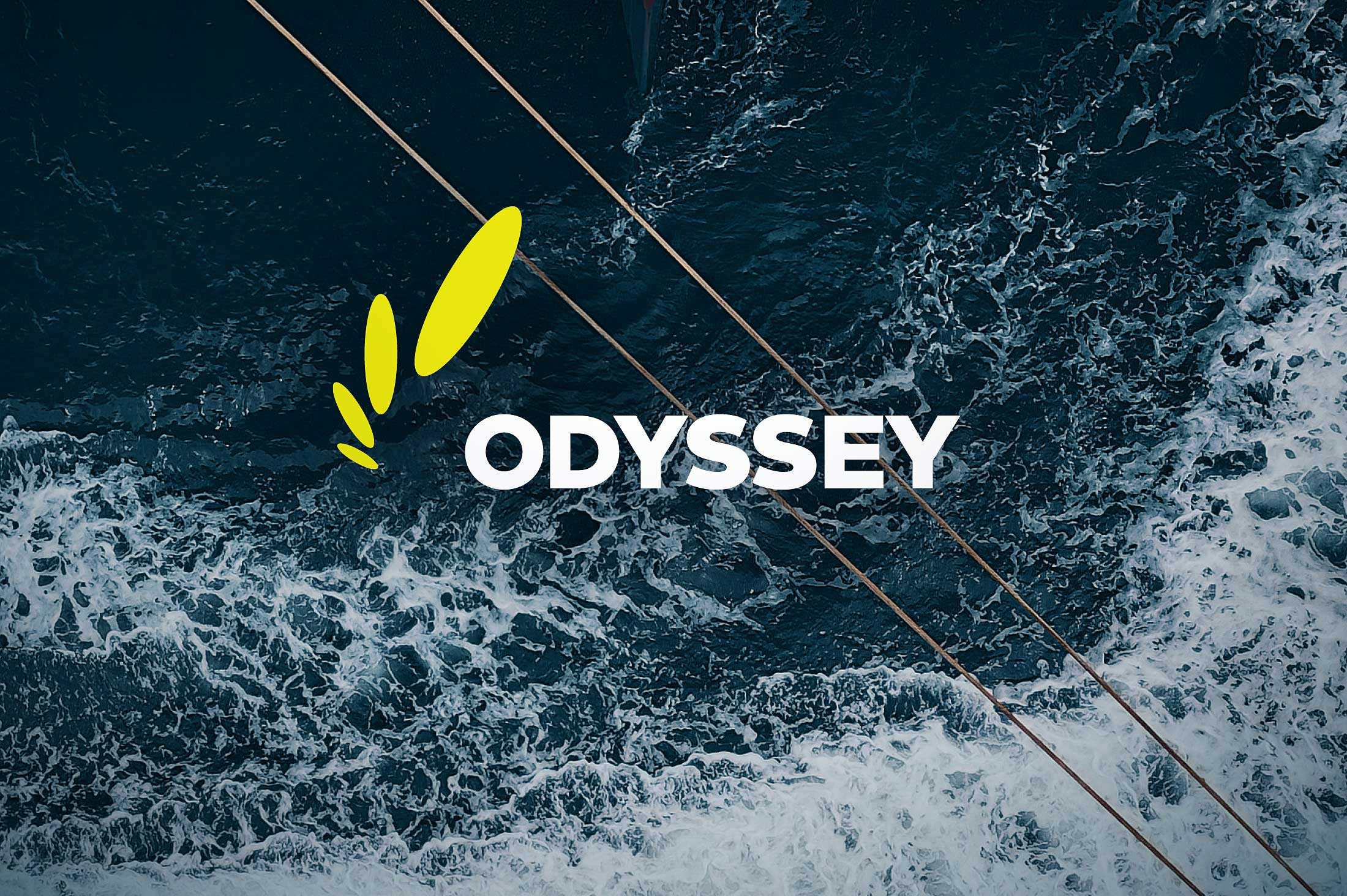 Dark blue ocean with waves seen from above, featuring the Odyssey logo positioned atop the image.